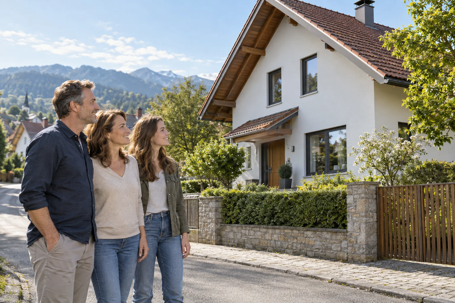Familie betrachtet ein helles Wohnhaus in einer bayerischen Ortschaft